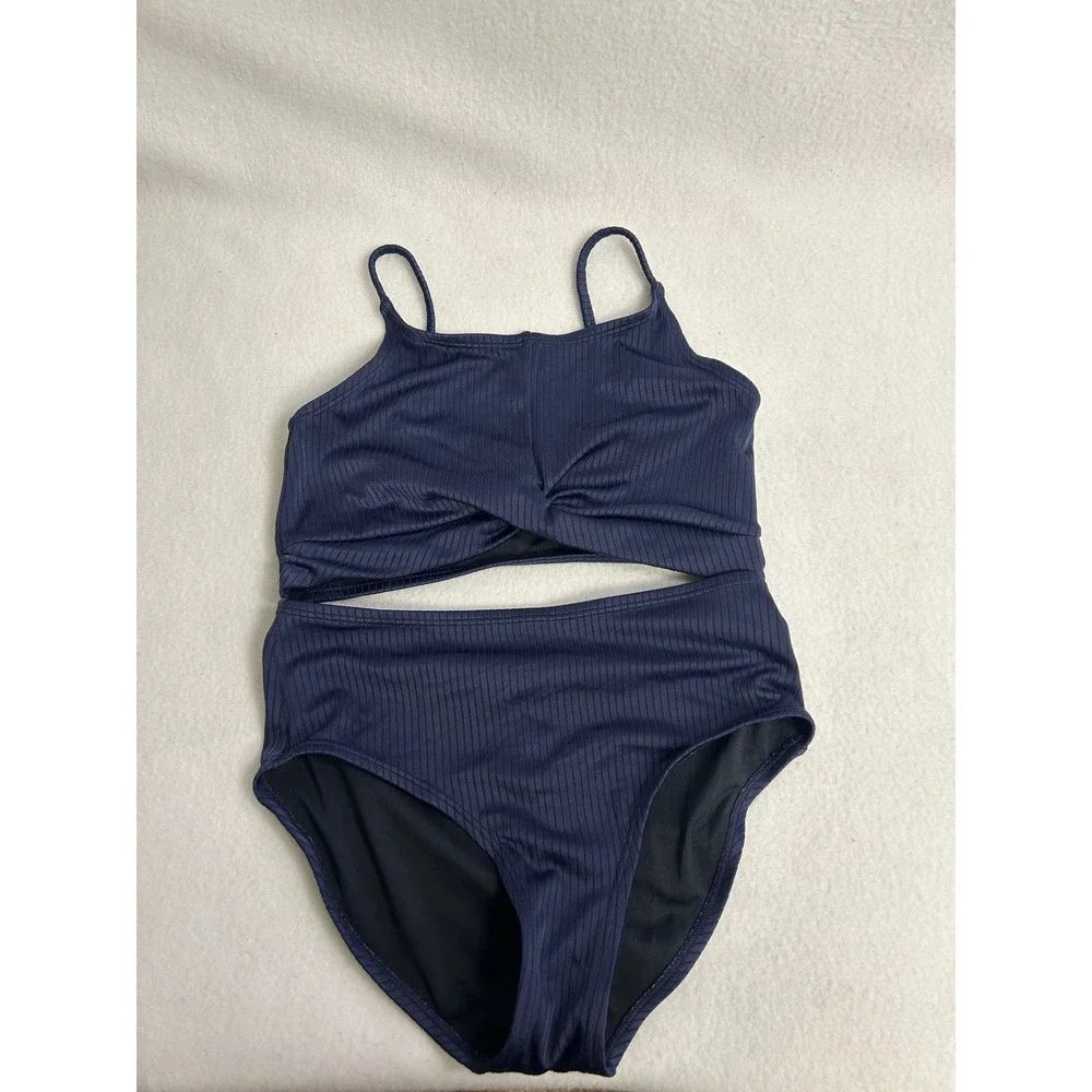 Nautical Ribbed Old Navy Girls L 10-12 Navy Blue Twist Front High Waist Swimsuit